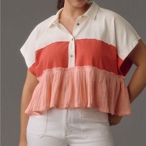 Pilcro Coral and White Ruffle Blouse